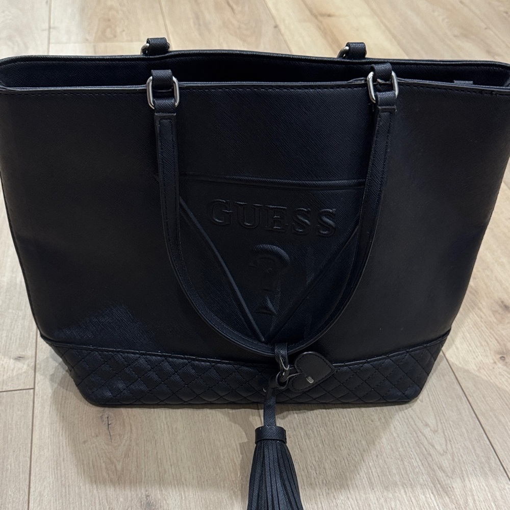 Guess Black Quilted Leather Tote Bag with Tassel